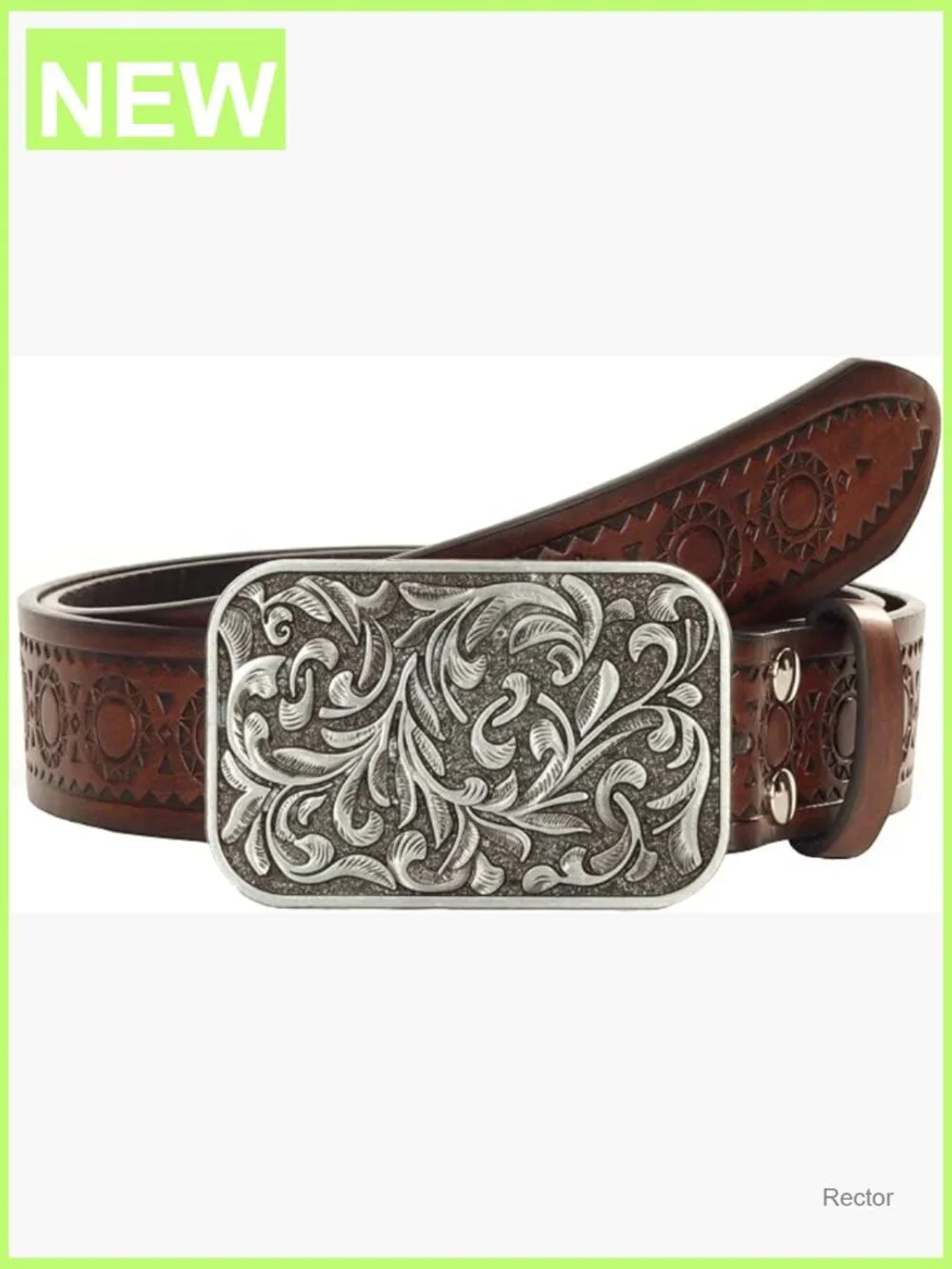 Western Cowboy Embossed Leather Belt with Retro Engraved Buckle for Jeans
